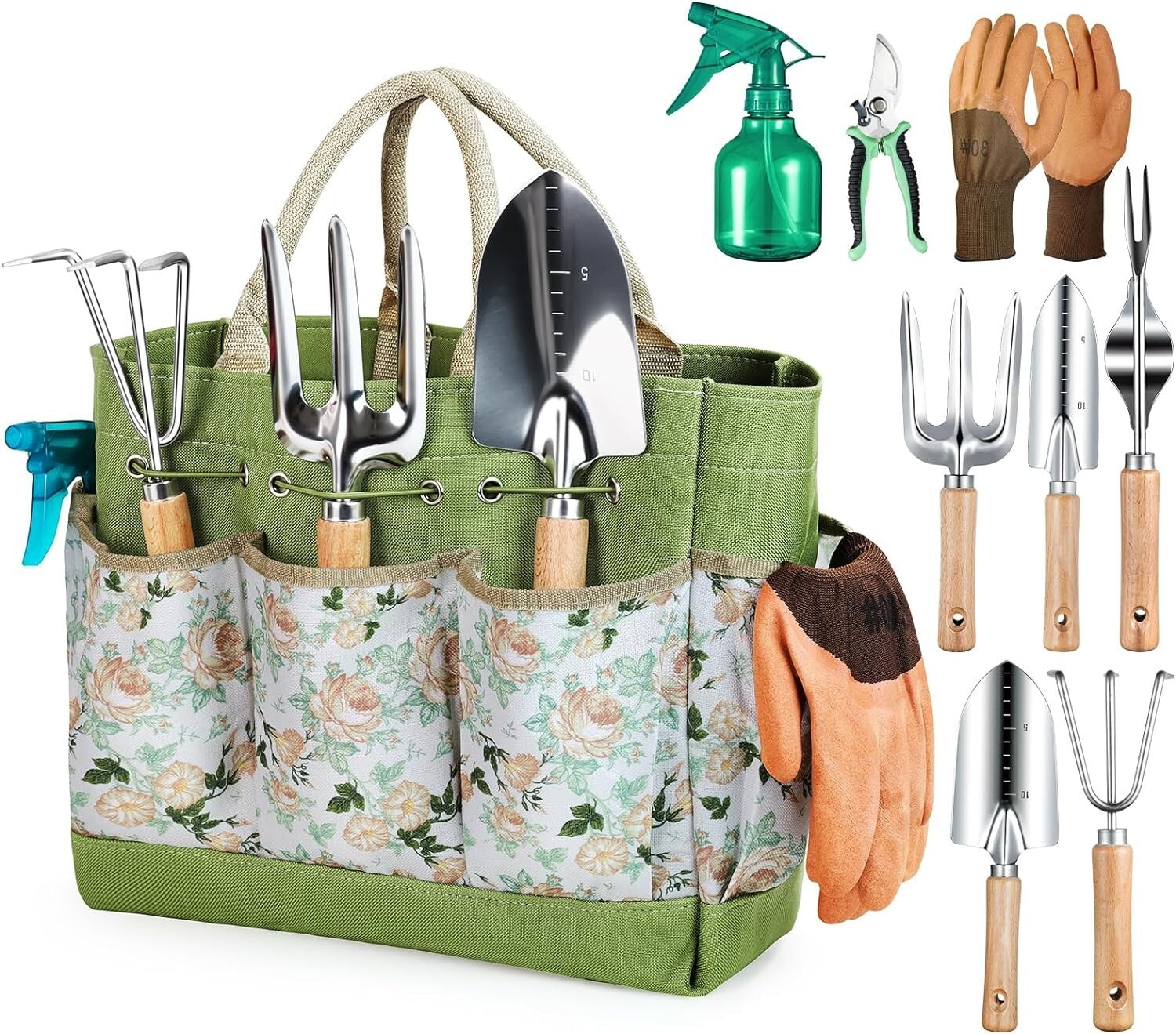 9-Piece Heavy Duty Gardening Tools Set with Floral Organizer Bag - Perfect Gift
