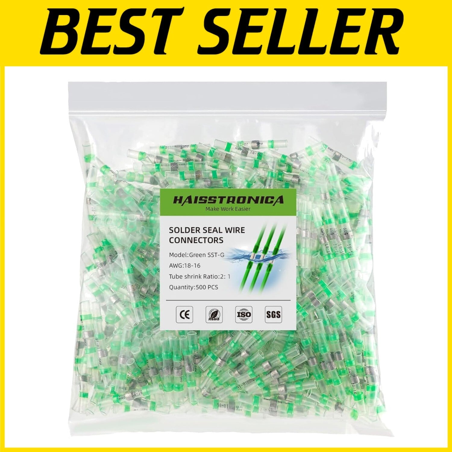 500PCS Green Marine Grade Heat Shrink Connectors with 2 Hot Melt Adhesive Rings