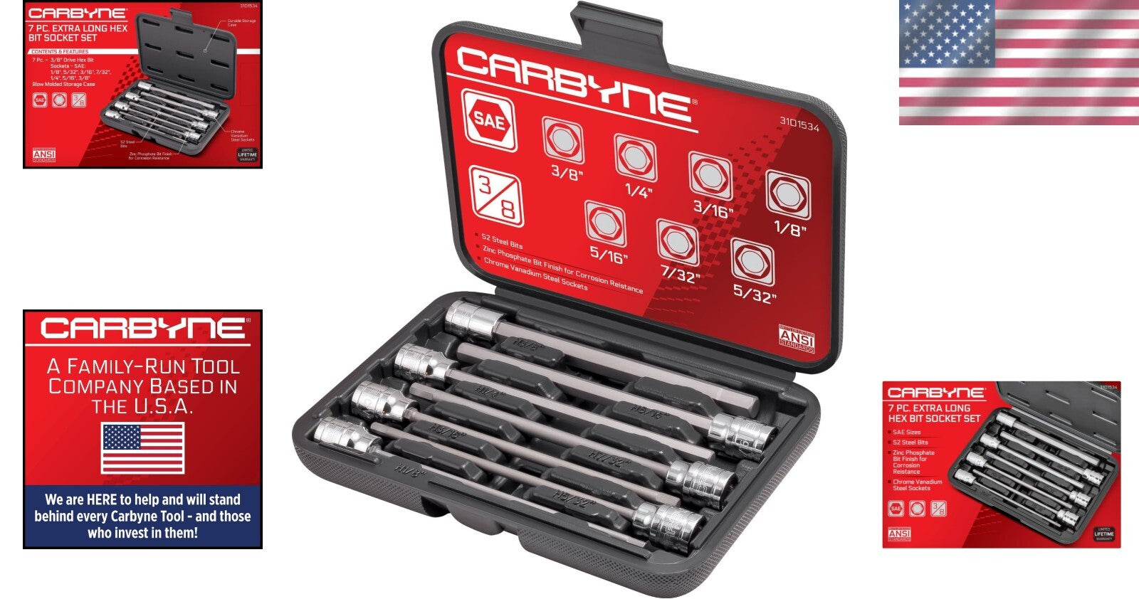 Durable 7-Piece SAE Hex Bit Socket Set, 3/8” Drive & Corrosion Resistant Finish