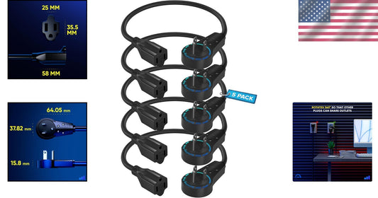 5 Pack 360° Rotating Flat Plug Extension Cord - Space-Saving Power Solution