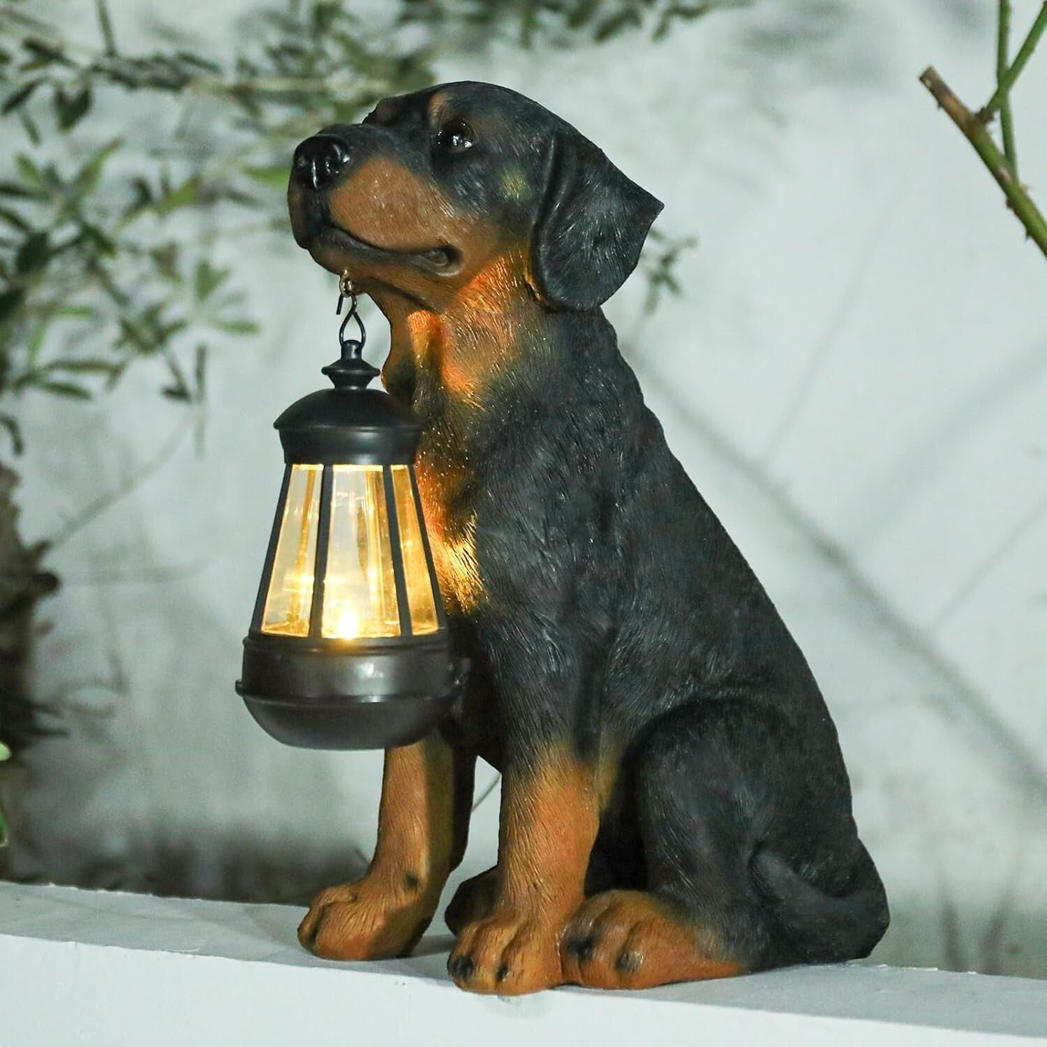 Durable 13” Rottweiler Dog Garden Statue with Solar Lights – Charming Decor