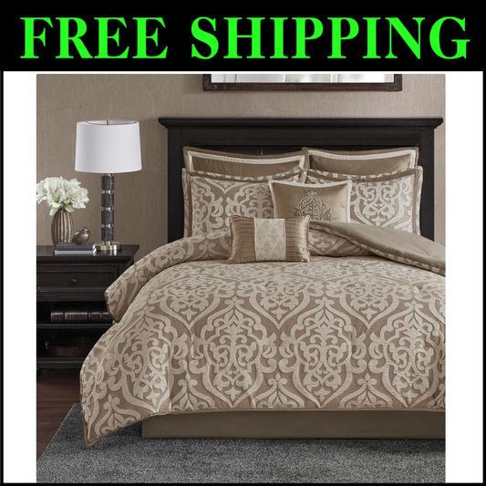 Odette 8-Piece Tan Comforter Set - Jacquard Fabric with Decorative Pillows
