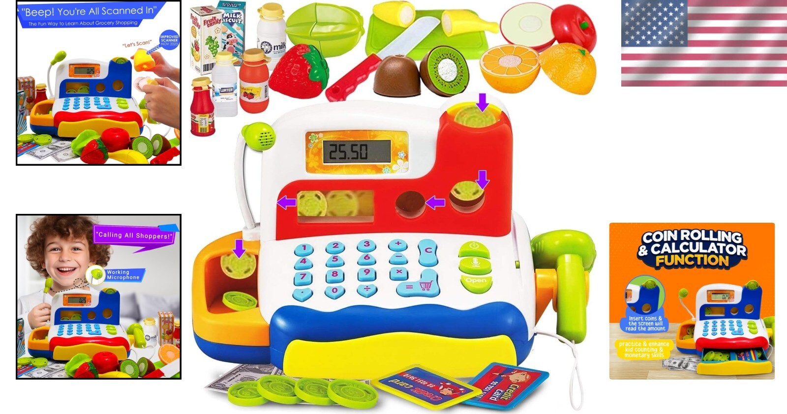 Engaging Toy Cash Register with Sound, Play Money & Grocery Items for Kids
