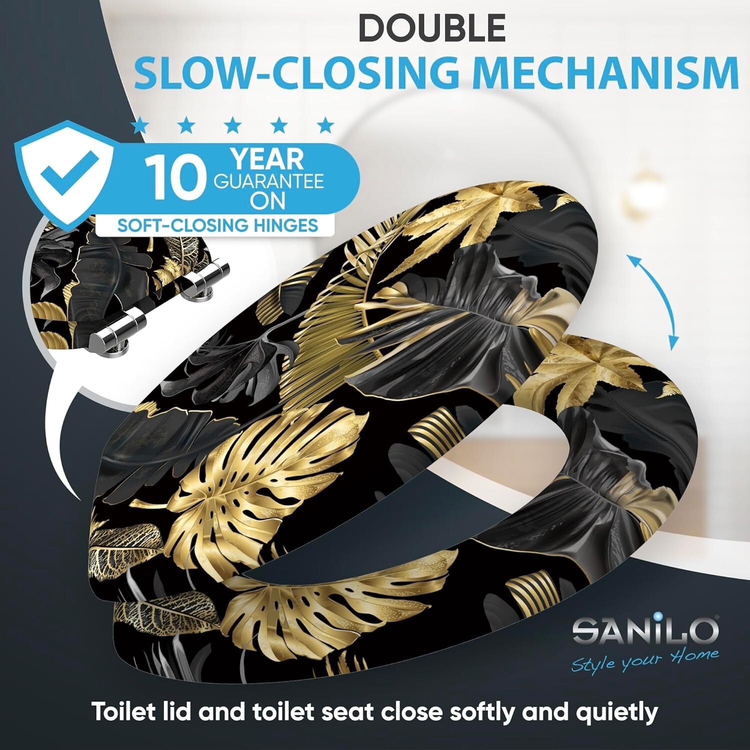 Luxury Molded Wood Toilet Seat with Soft Close Feature - Golden Leaves Design