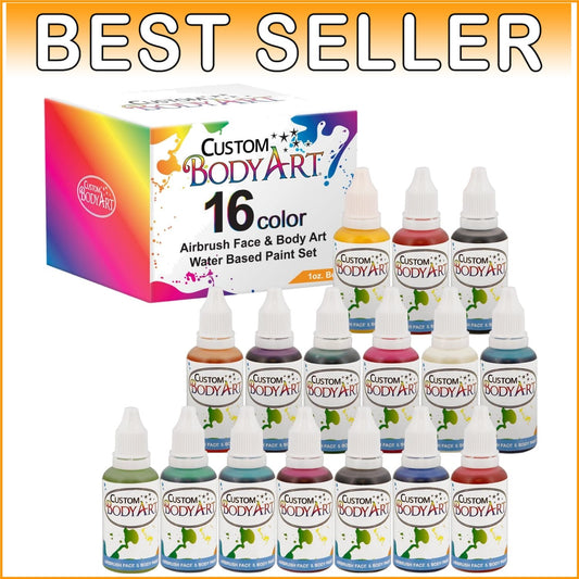 Professional 16 Color Face & Body Airbrush Paint Set - 1 Oz Easy-Wash Bottles