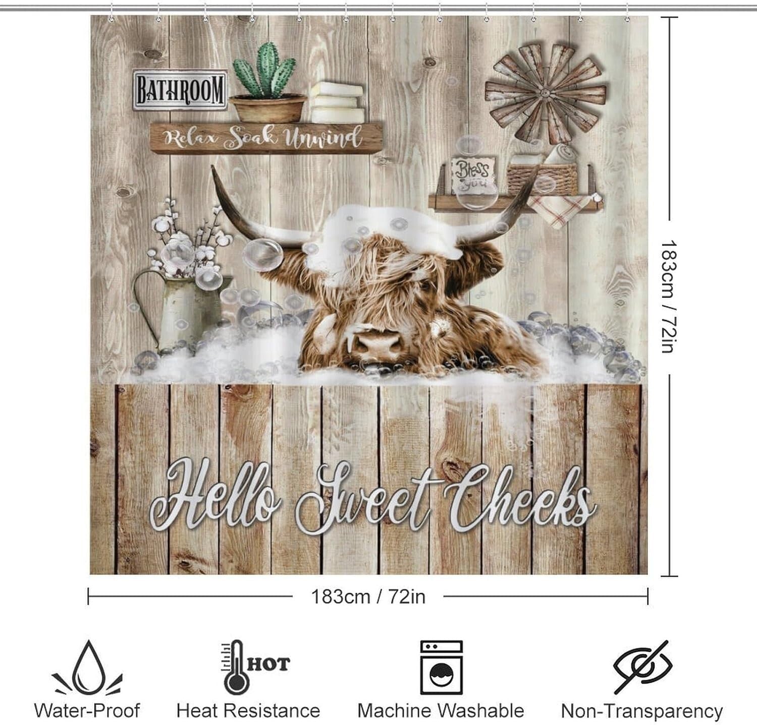 Funny Highland Cow Shower Curtain Set - 4-Piece with Non-Slip Bath Accessories