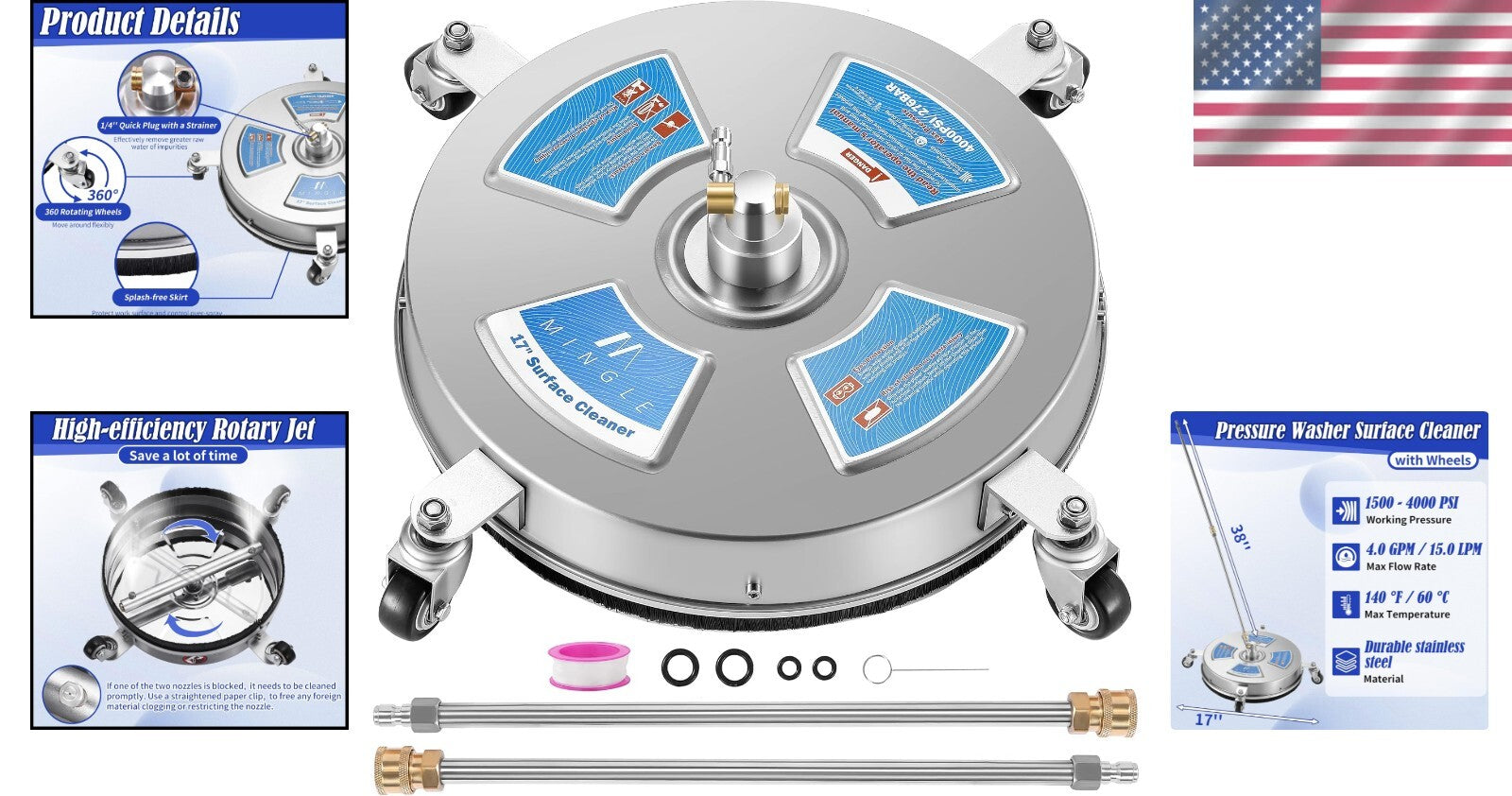17'' Surface Pressure Washer Cleaner with 4 Wheels & High Flow Rate for Decks