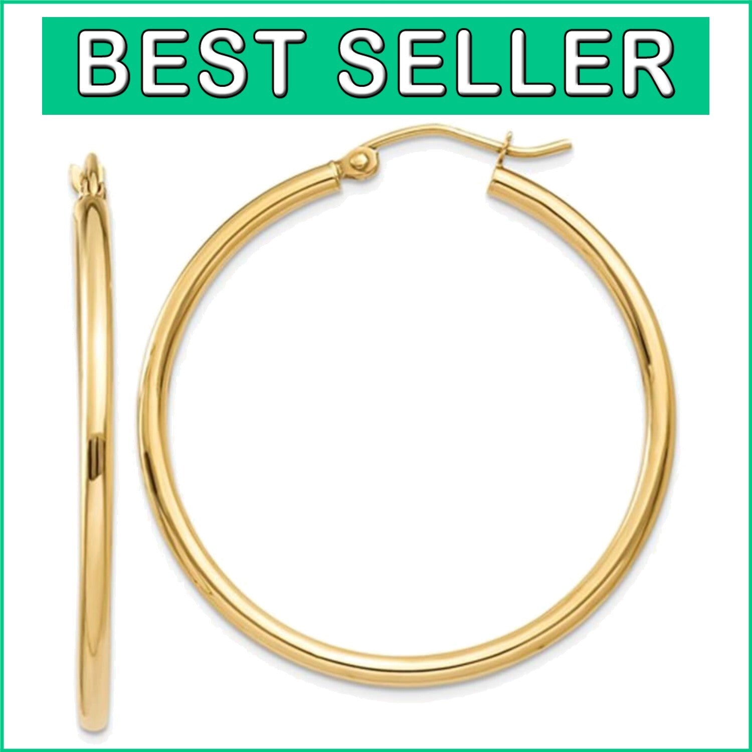 Elegant 14K Gold Classic Hoop Earrings, 35mm Diameter with Click-Down Clasp