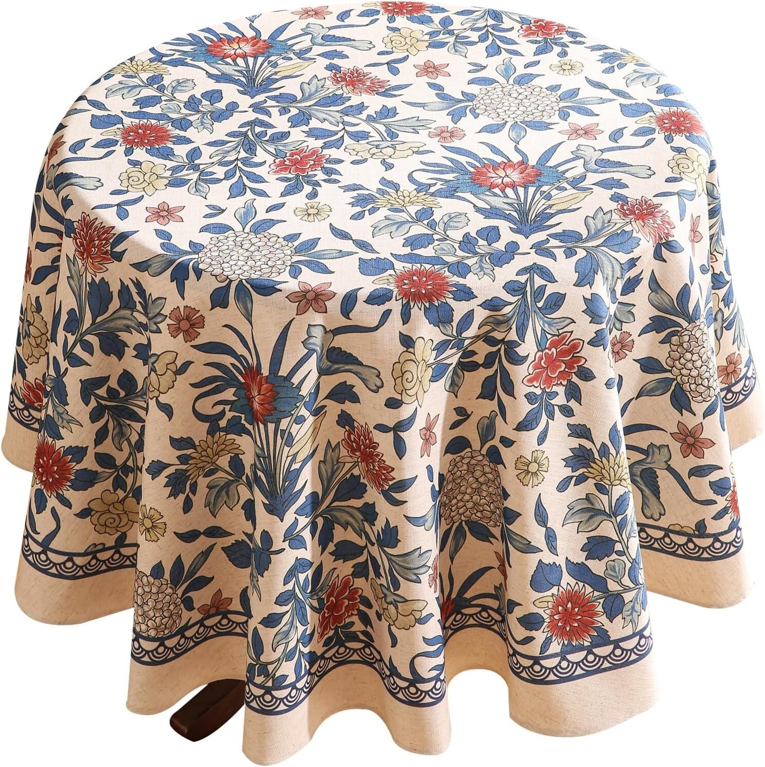 Designer Round Tablecloth with Leaves and Flowers Pattern - 55" All-Season Use