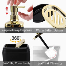 Load image into Gallery viewer, Modern Black and Gold Bathroom Accessory Set with Trash Can &amp; Toothbrush Holder