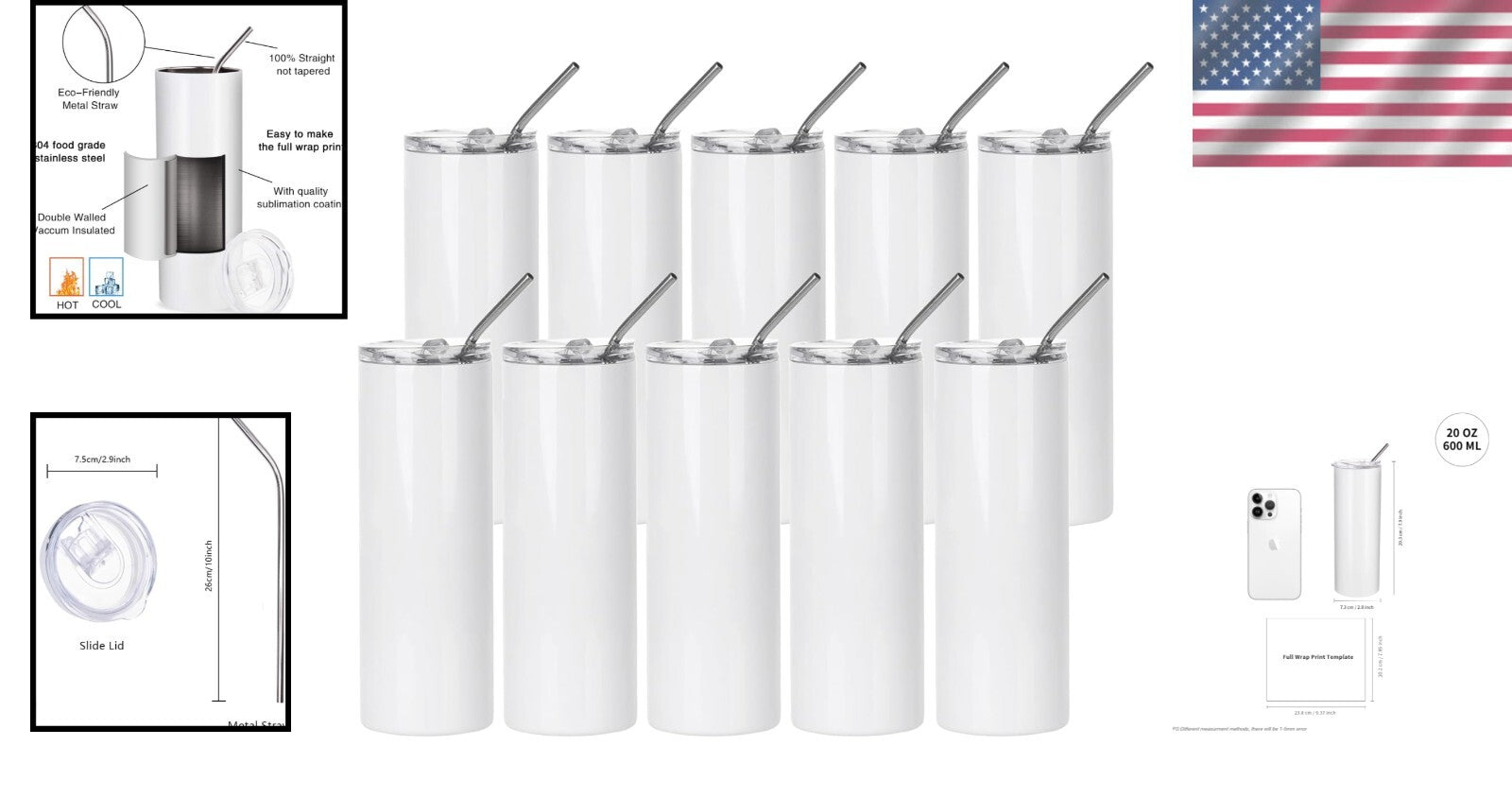 Bulk 10-Pack 20 oz Sublimation Skinny Tumblers - White Stainless Steel Cups