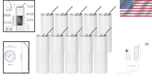 Bulk 10-Pack 20 oz Sublimation Skinny Tumblers - White Stainless Steel Cups