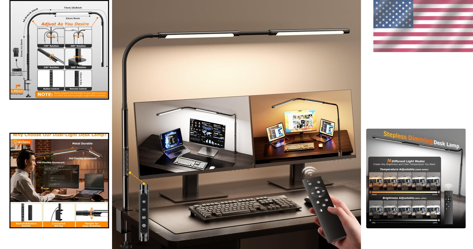Adjustable Gooseneck LED Desk Lamp with Stepless Dimming & Remote Control