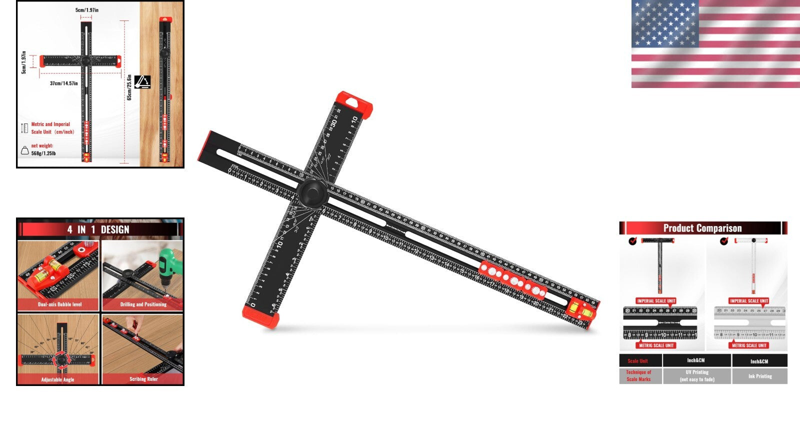 4-in-1 Adjustable T-Square Ruler - Precision Measuring Tool for Woodworking