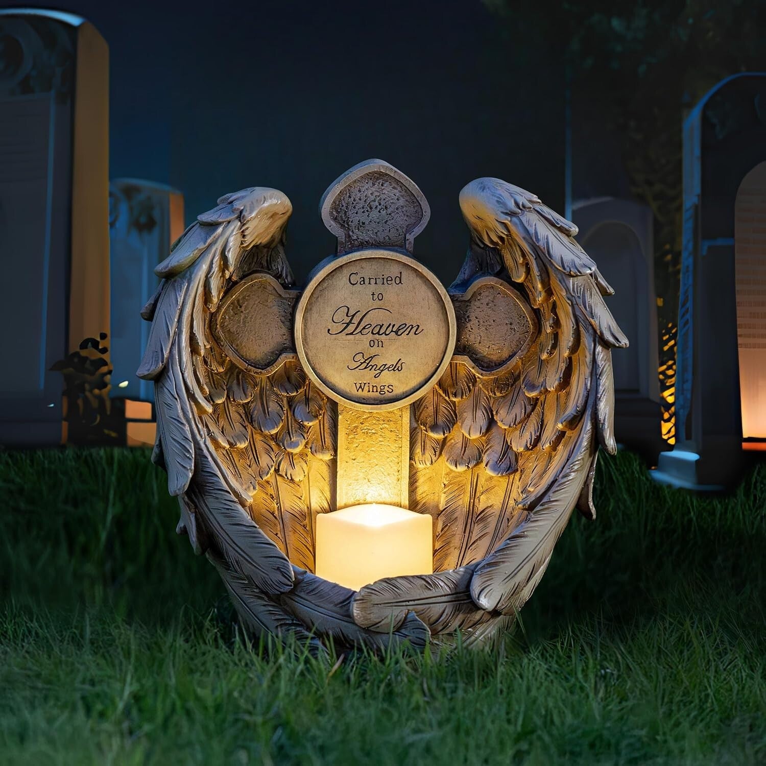 Tranquil 12'' Solar Angel Wing & Cross Light - Sympathy Gift for Grave Decor