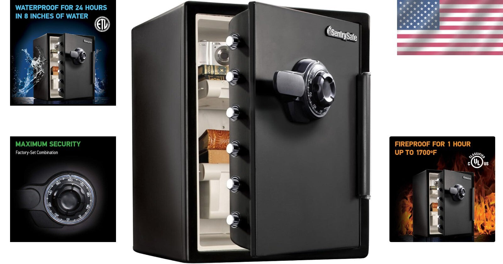 Spacious 2.05 Cu.Ft. Black Fireproof & Waterproof Safe with Adjustable Shelves