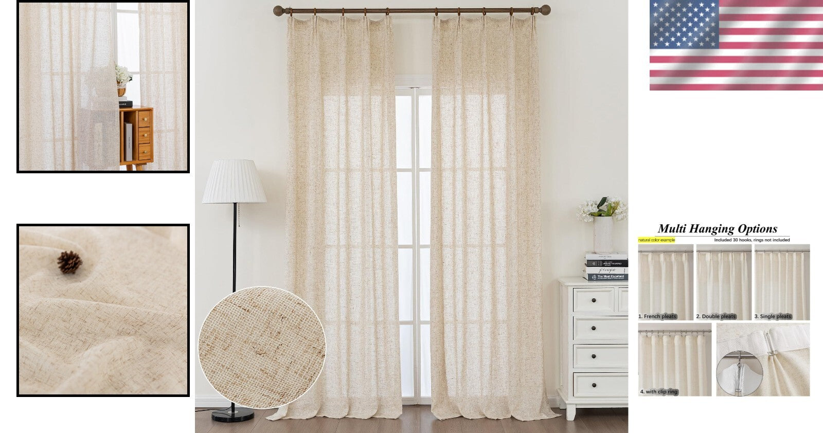 Stunning Semi-Sheer Pinch Pleat Curtains - 90 Inch Faux Linen Drapes - Set of 2