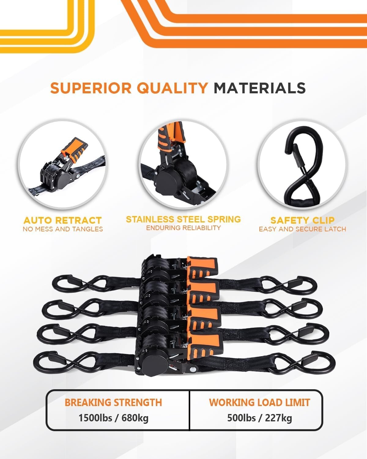 4-Piece Retractable Ratchet Straps Bundle - 1in x 6ft - 1,500LBS Strength