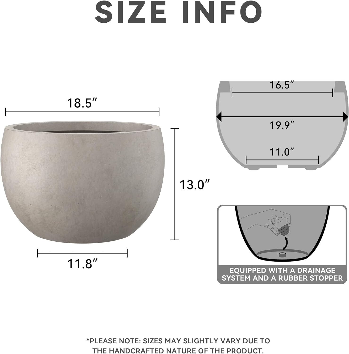 19.9" Weathered Concrete Planter with Drainage - Stylish Indoor/Outdoor Bowl Pot