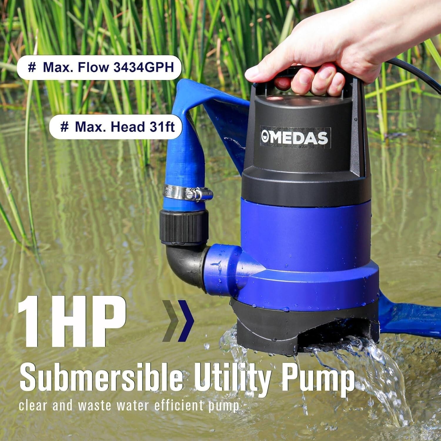 Durable 1HP Sump Pump with 31ft Lift and Ergonomic Handle for Easy Transport