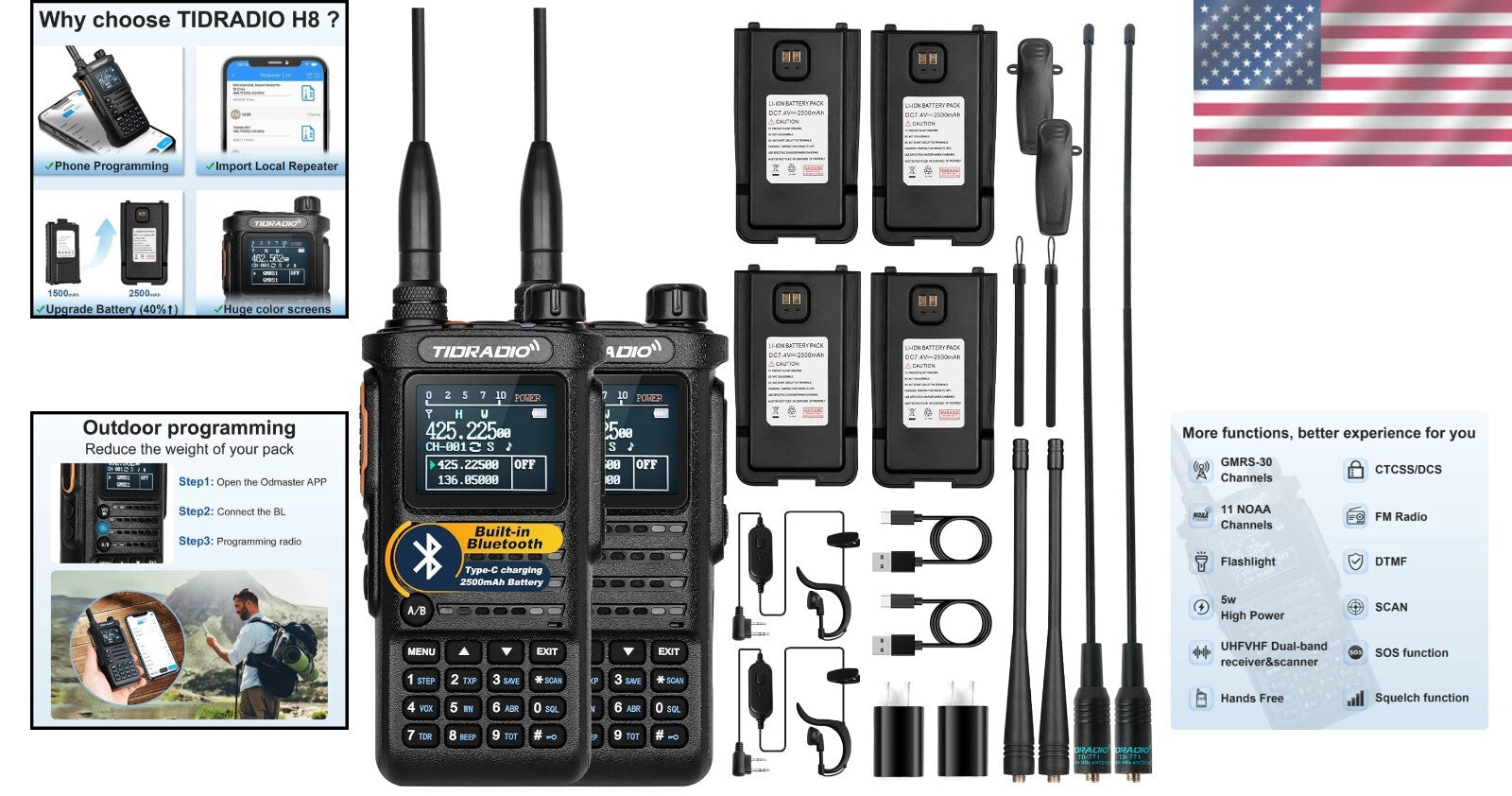 Enhanced 2nd Gen H8 GMRS Radio - Long-Range, Bluetooth, 2500mAh, 2 Pack Kit