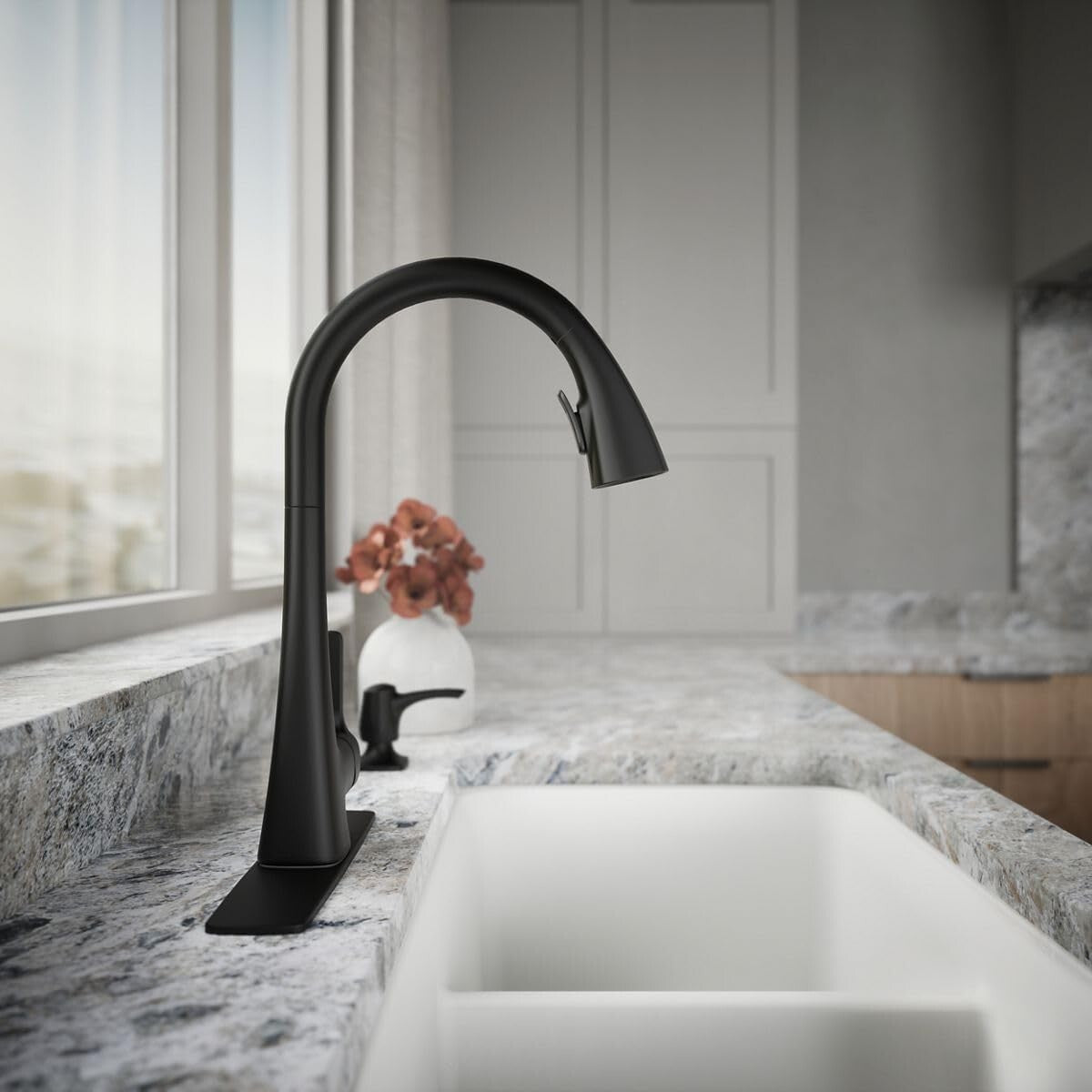 Dual Function Matte Black Kitchen Faucet with Soap Dispenser & Secure Docking