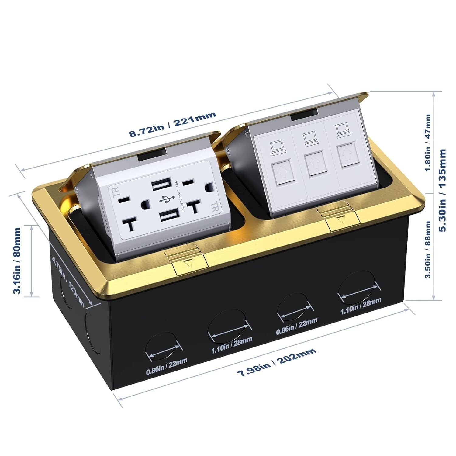 Modern Dual Pop-Up Electrical Outlet with Waterproof Design & USB Ports in Brass