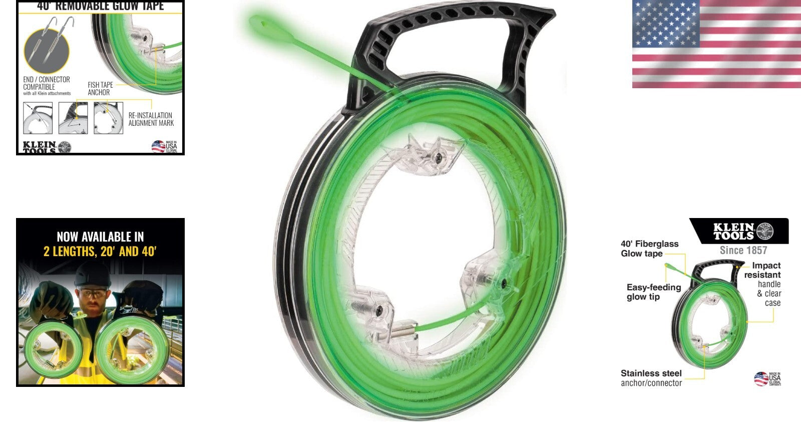 Versatile Glow-in-the-Dark 40-Foot Fish Tape with Stainless Steel End Connector