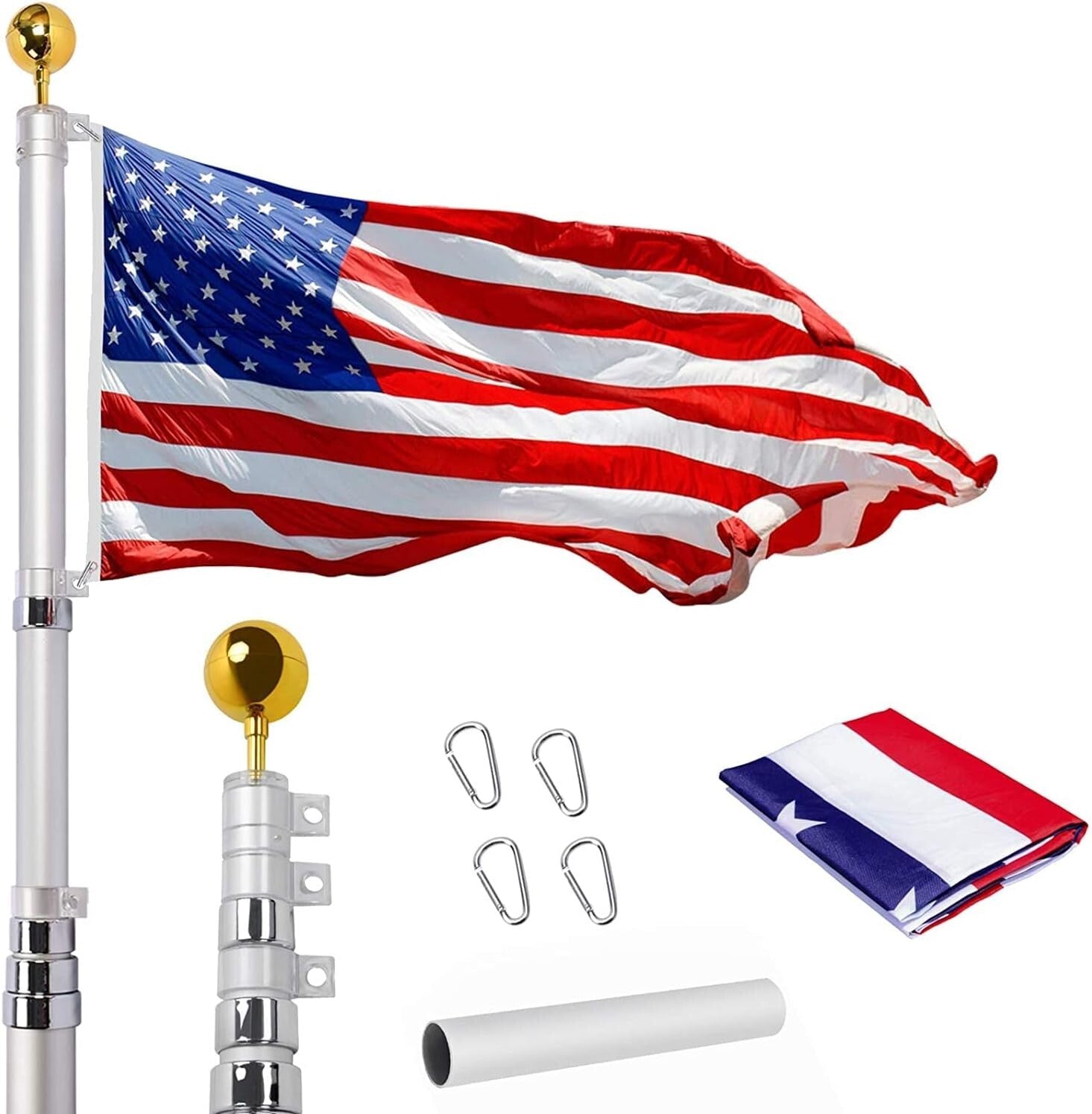 16Ft Heavy-Duty Telescopic Flag Pole Kit with American Flag - Durable & Elegant