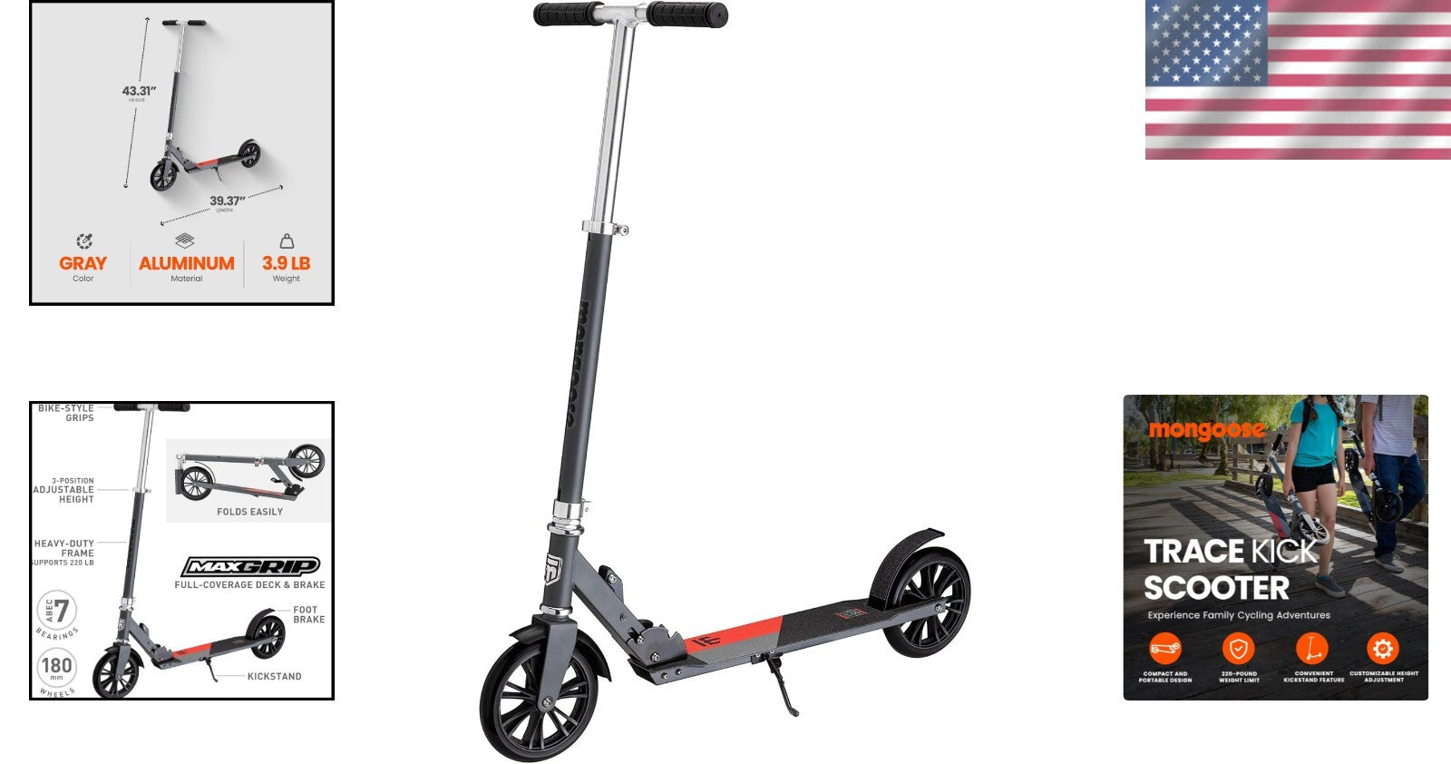 Adjustable Height Kick Scooter with 180mm Wheels - Quick-Release & Lightweight