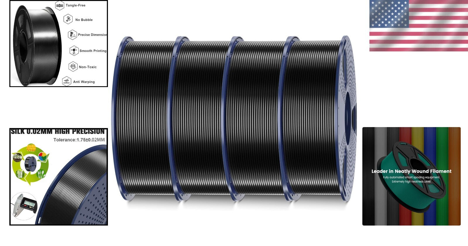 4 Pack Black Shiny Silk PLA 3D Filament - 1.75mm, Perfect for Any Printer