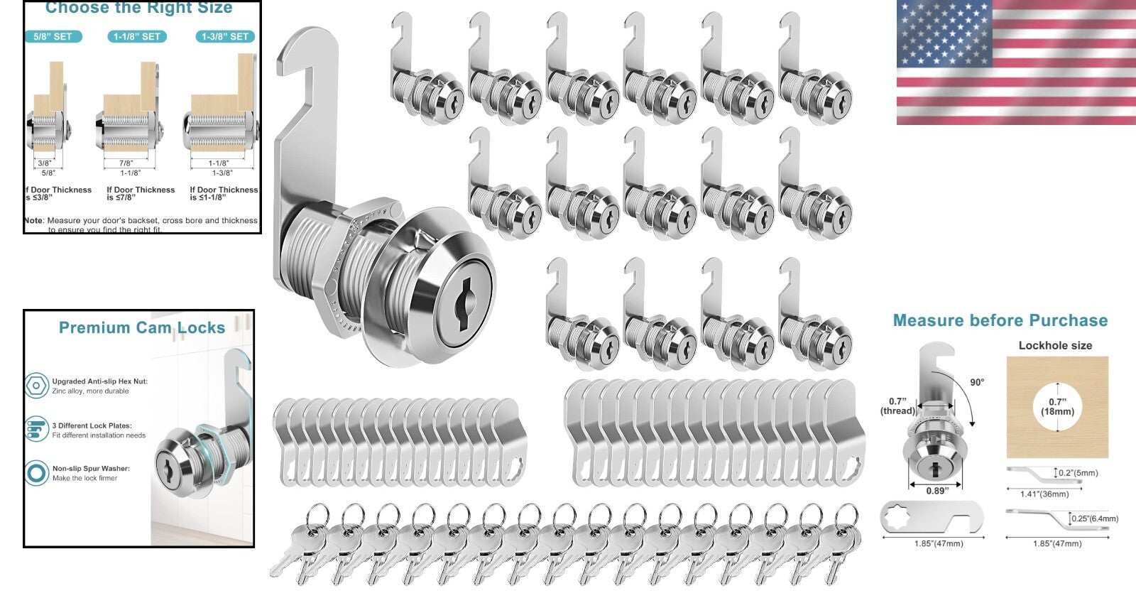 Easy-Install 1-1/8'' Chrome Cabinet Locks - 16-Pack Keyed Alike for Security