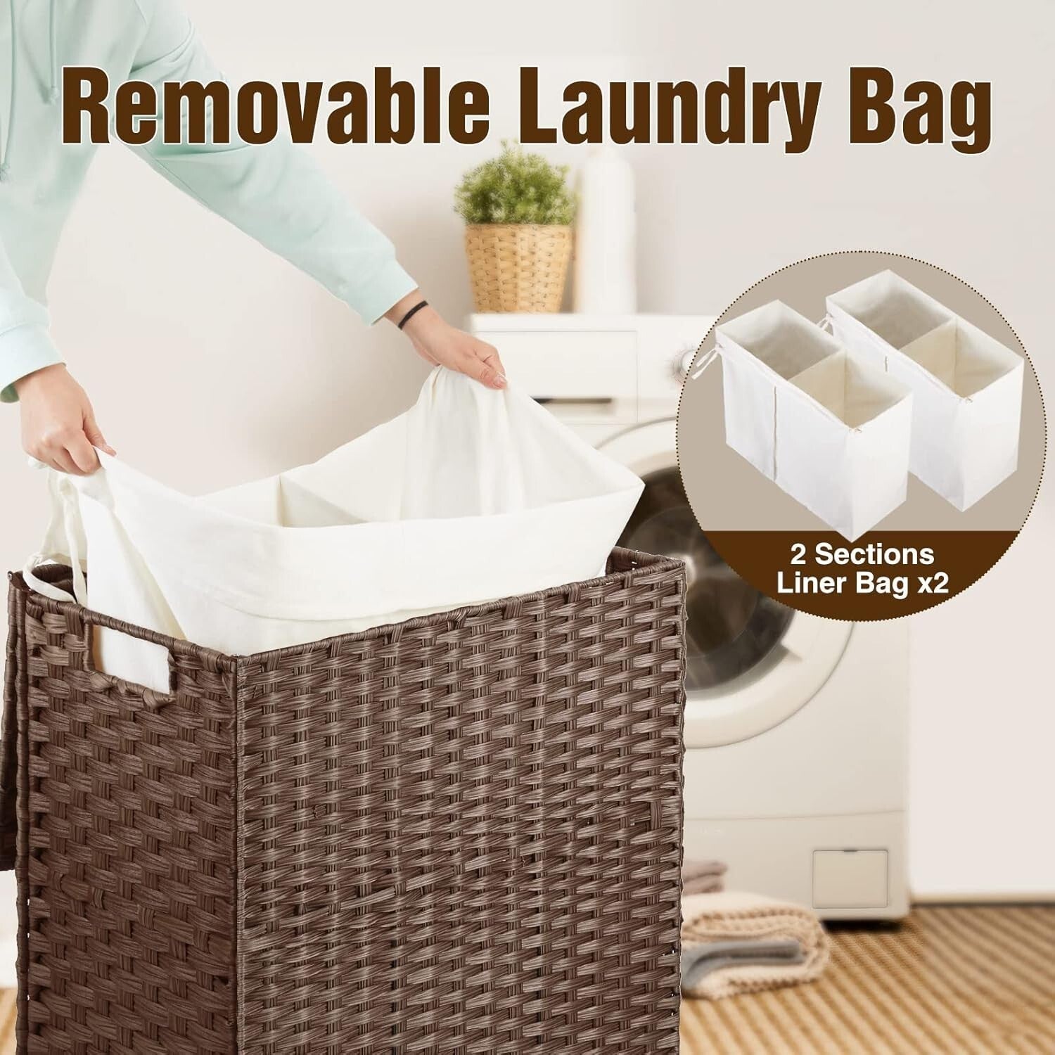 90L Handwoven Laundry Hamper with Wheels - Stylish Dual Compartment Design