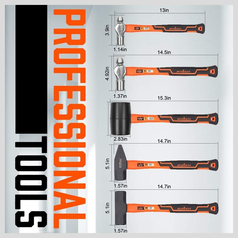 Pro-Grade 5-Piece Hammer Collection - Includes Rubber Mallet & Sledge Hammer