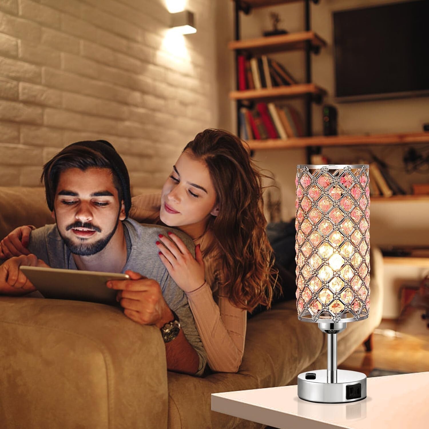 Modern 2-Pack Dimmable Touch Crystal Table Lamps with USB Charging Ports