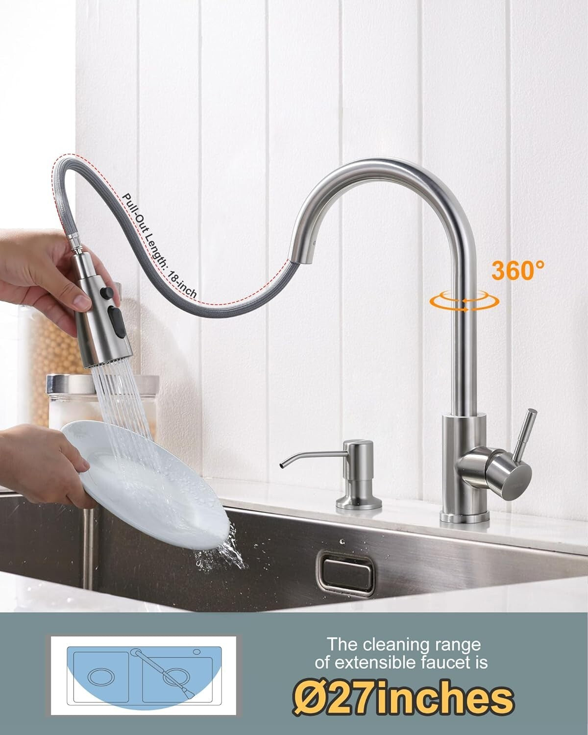 Efficient Brushed Nickel Kitchen Faucet with DIY Installation & Soap Dispenser