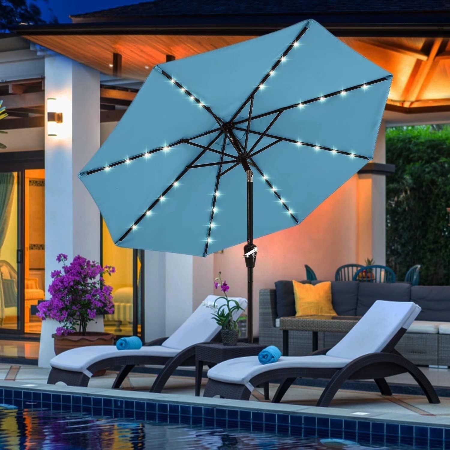 Durable 9FT Turquoise Solar LED Patio Umbrella with 32 Lights - Elegant Shade