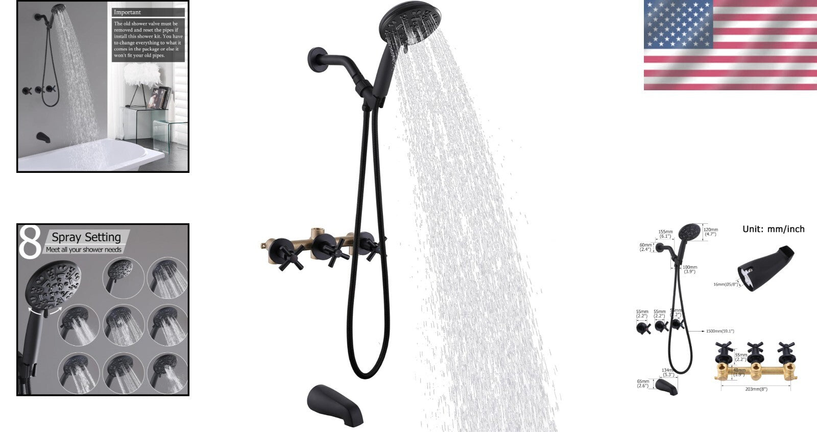 All-in-One Shower Tub Kit: 3 Handles, 8 Settings & Elegant Matte Black Finish