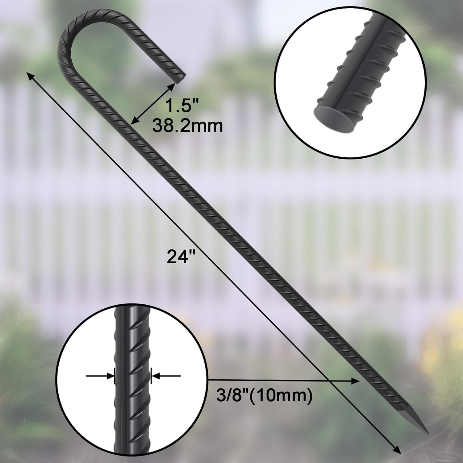24" Steel Rebar Ground Stakes Set - Essential J Hook Tent and Garden Anchors