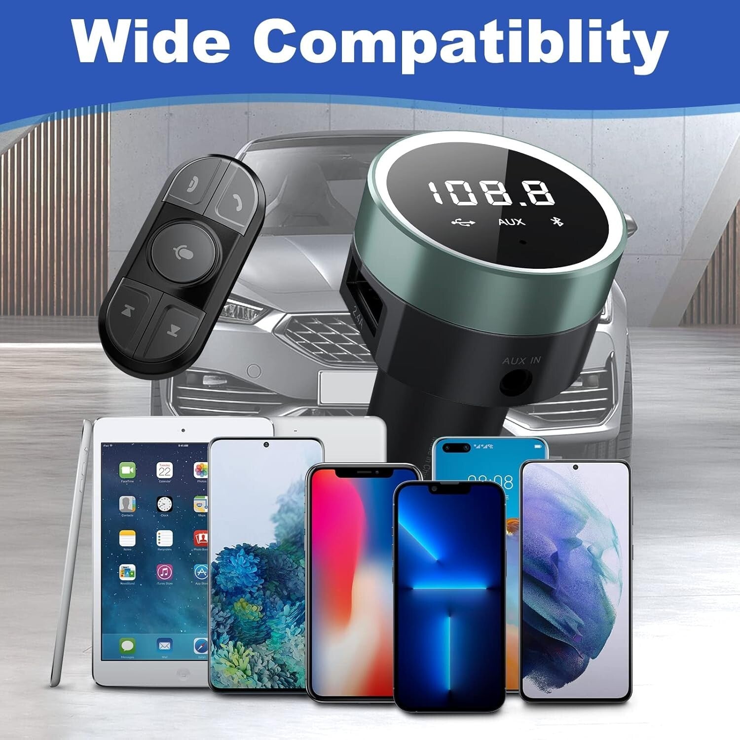 Bluetooth Car Adapter with Remote & Dual USB Charger - Hands-Free FM Transmitter