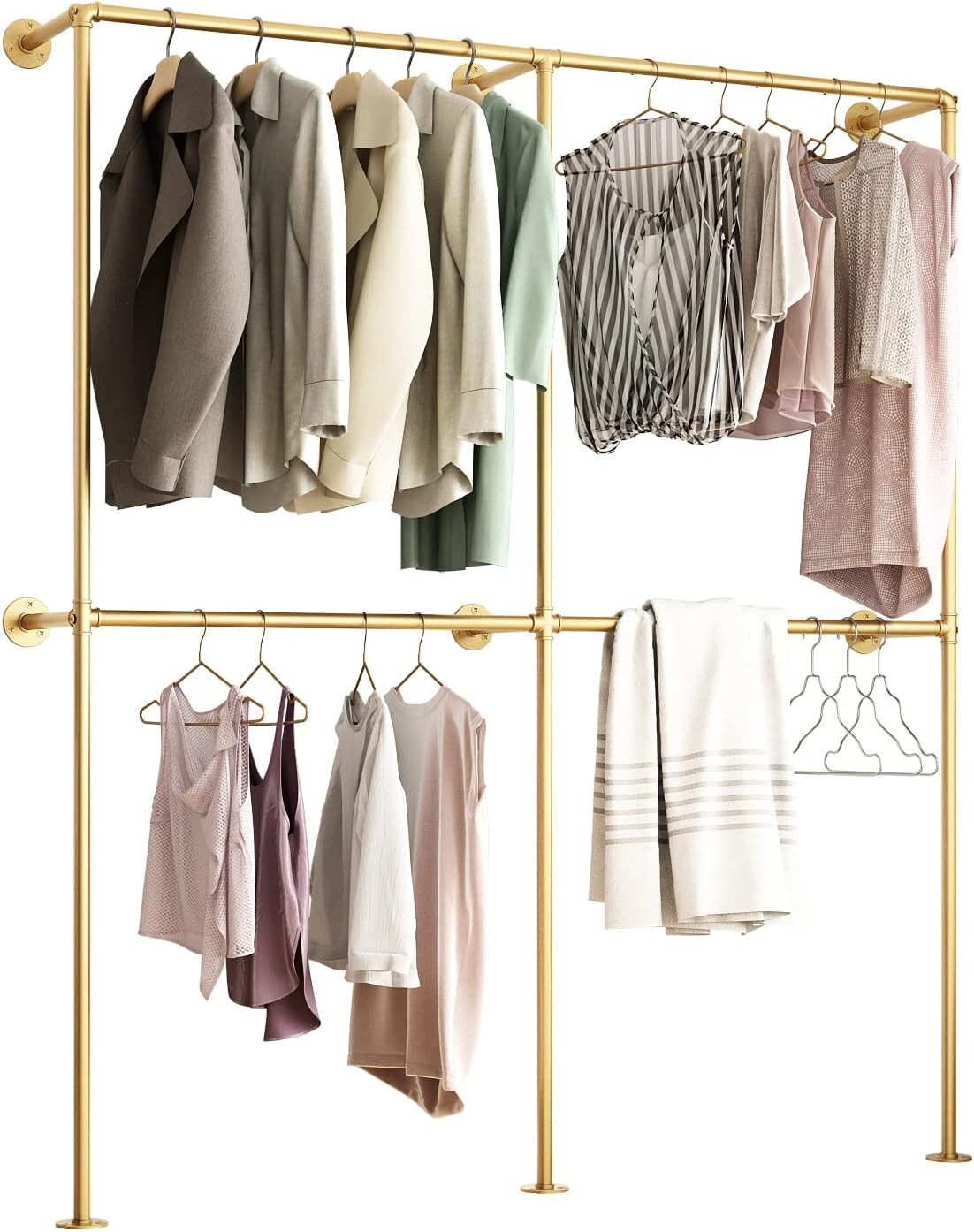 Industrial Gold Wall-Mounted Clothing Rack with Double Rods for Elegant Storage