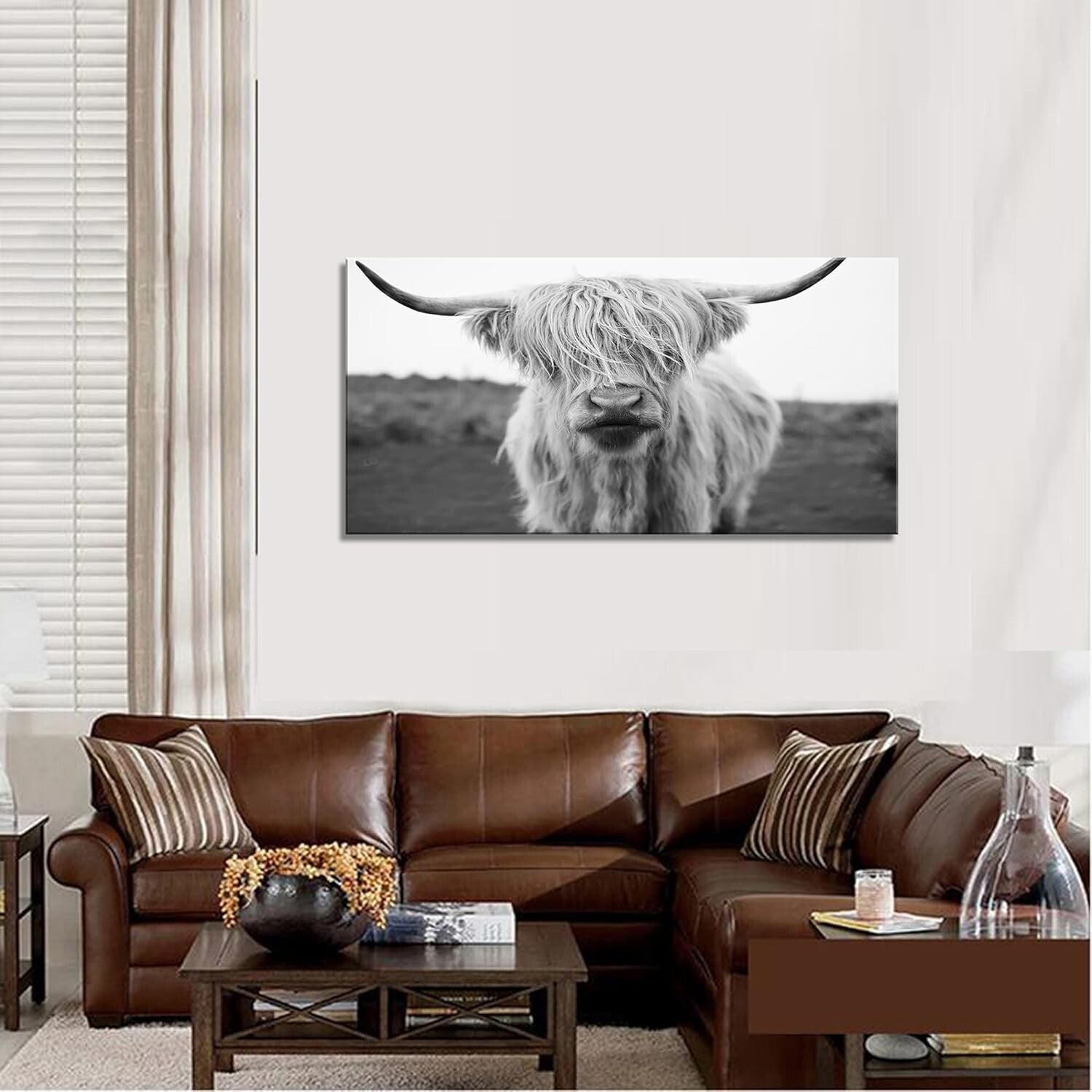 Elegant HC3650 Highland Cow Canvas Art - Black & White Wall Decor 20x40in