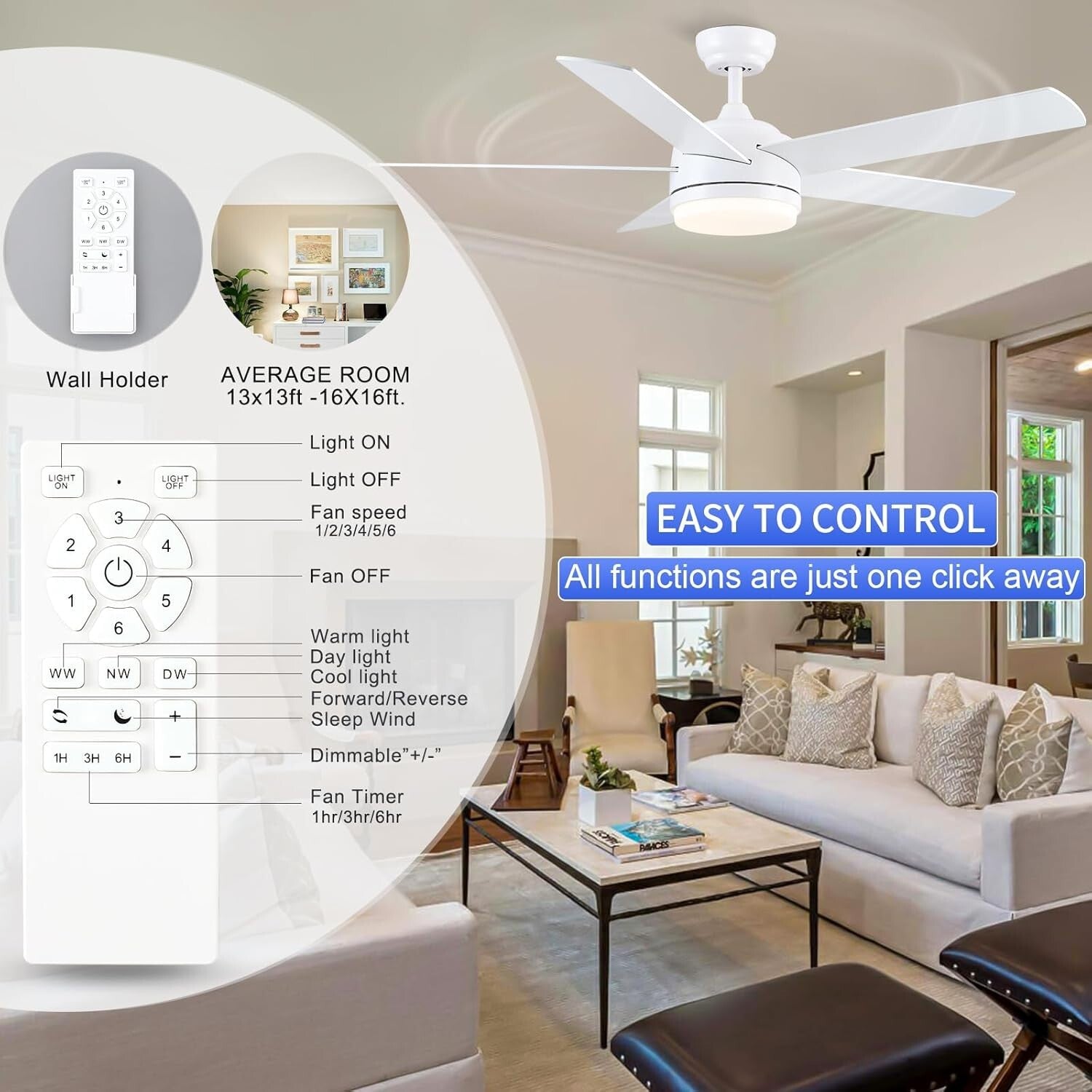 52-Inch White Remote Control Ceiling Fan with Light & Dimmable LED - Noiseless