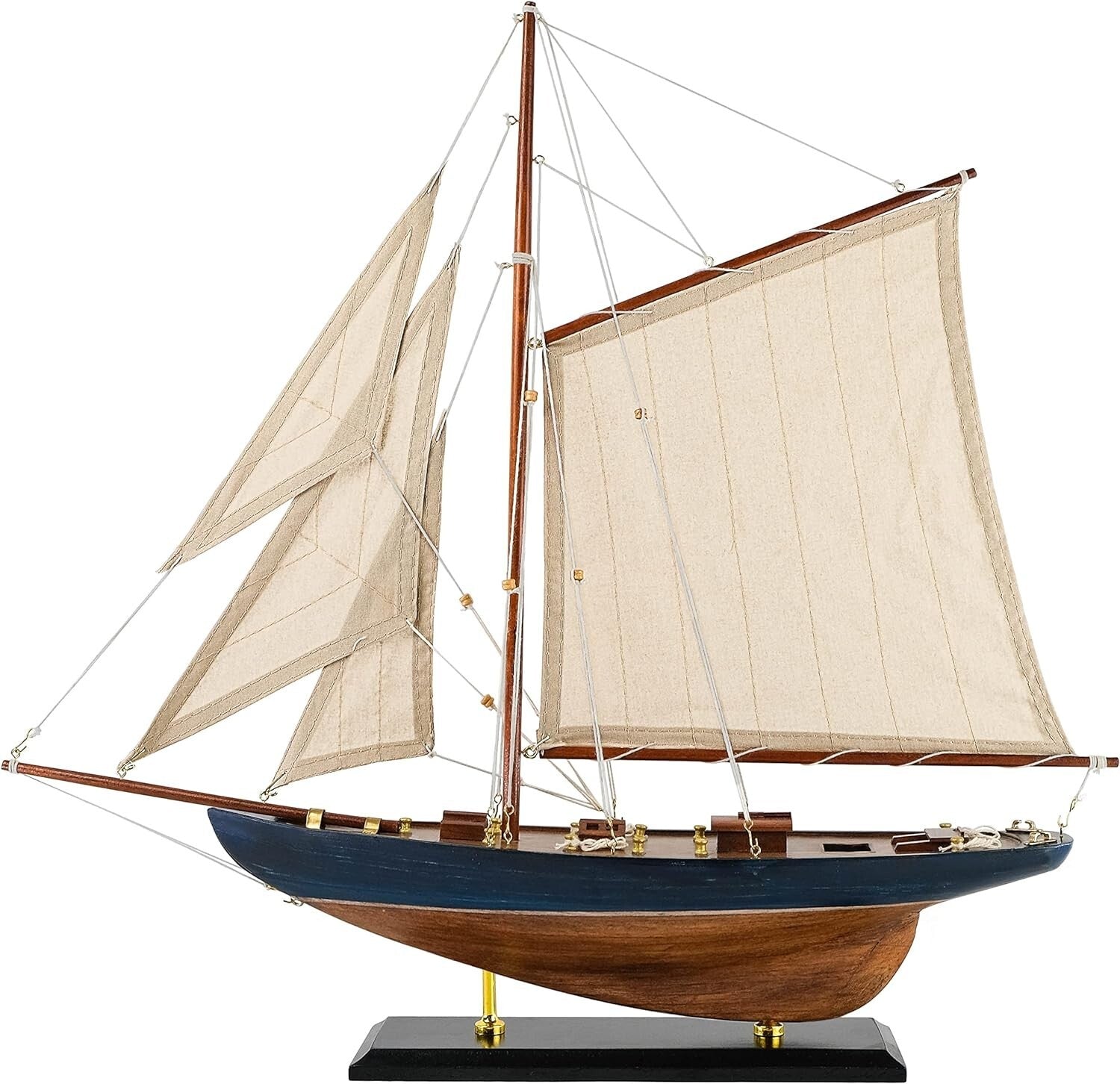 Large Pre-Assembled Sailboat Model with Plank-On-Frame Hull - 20.5" Navy Decor
