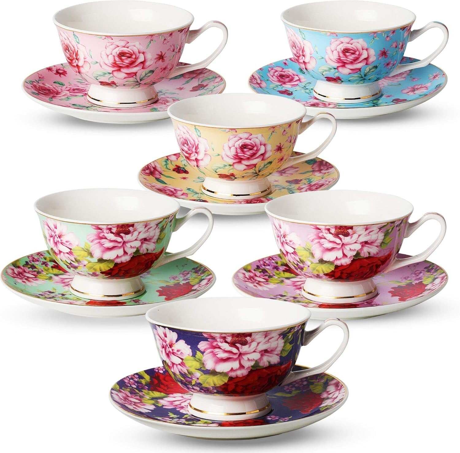 Assorted Floral Tea Cups and Saucers – 6 Piece Set with Elegant Gold Details