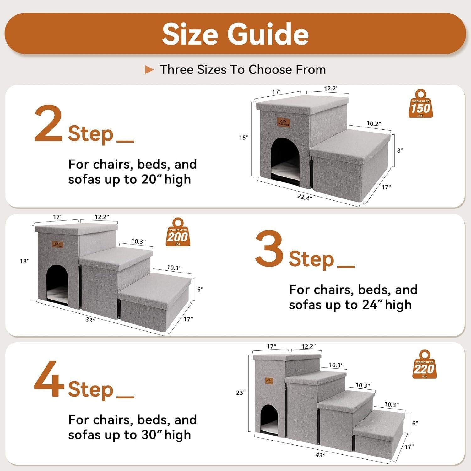 Wide Smok Gray Pet Steps - 3 Steps for High Beds & Cars, Up to 200 lbs Capacity