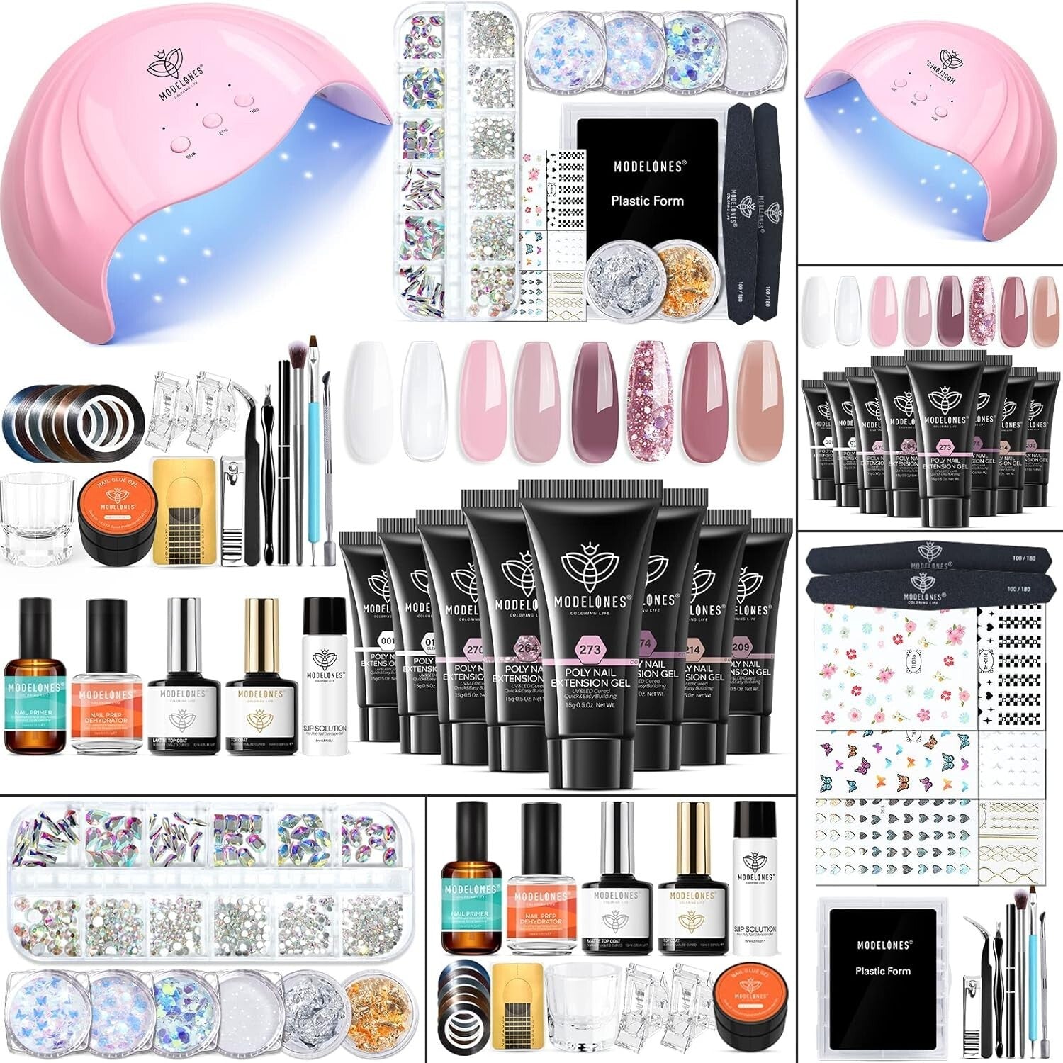 Complete 8 Rosy Pink Poly Nail Gel Kit with 48W UV/LED Lamp - Perfect Home Ma...