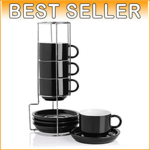 Load image into Gallery viewer, Insulated Porcelain Coffee Cup Set - 4 Stackable 8oz Latte and Cappuccino Mugs