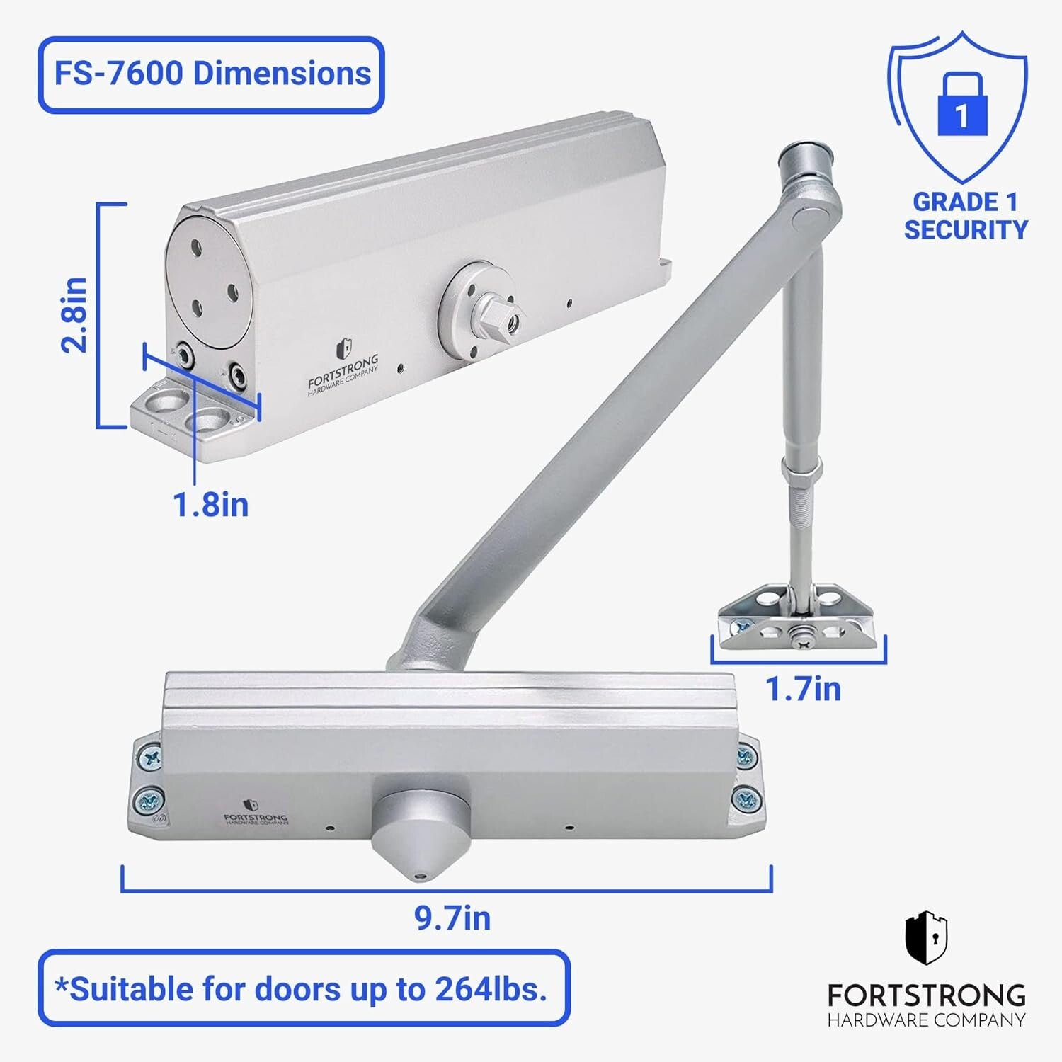 Commercial Grade Hydraulic Door Closer, Silver Finish – Fully Adjustable & Safe