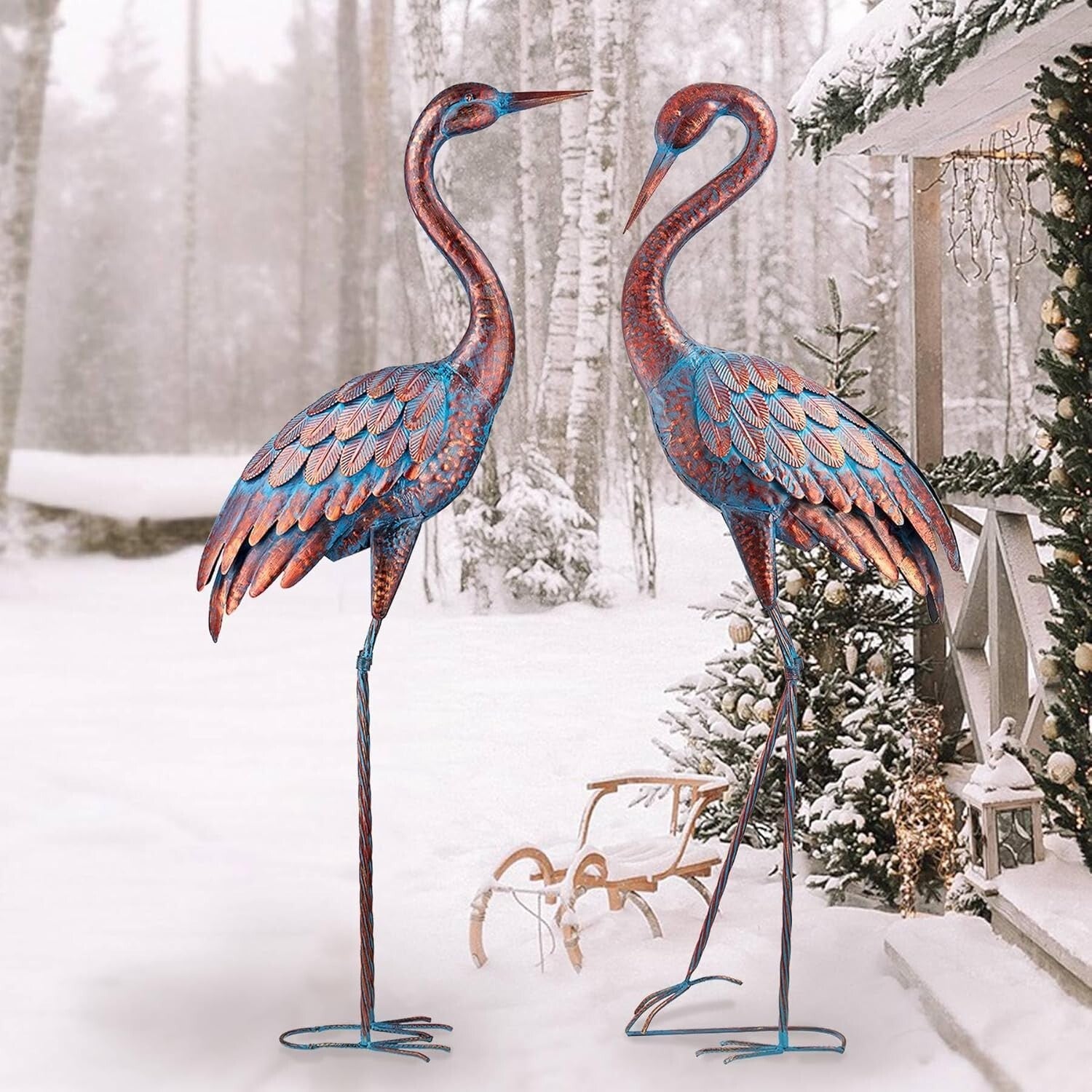 Exquisite Patina Metal Heron Statues for Elegant Outdoor Settings - 47-48 Inches